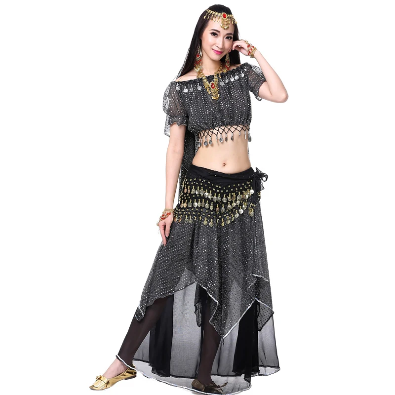 Indian Dance Girls Costume 5-piece Set Egypt Belly Dance Arabic Practice Clothes Adult Women Bollywood Sequin Dance wear Suit