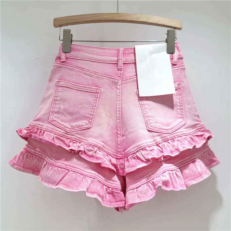 Pantaloncini di jeans con bordo dolce fungo alla moda coreana Pantaloncini a gamba larga a vita alta versatili elastici super belli estivi da donna