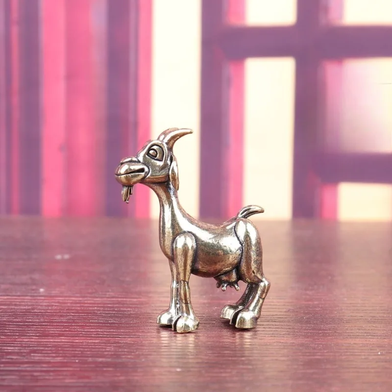 Brass Goat Figurine Vintage Bronze Sheep Statue Mini Ornament, Chinese Zodiac Goat Animal Sculpture for Home Desk Decor