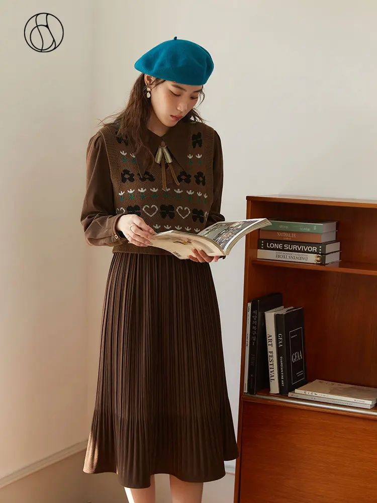 DUSHU Winter Retro Knitting Vest Dress Two Piece Women Clothes Women Coffee Brown Pleated Design Mid-Length Skirt Print Vests