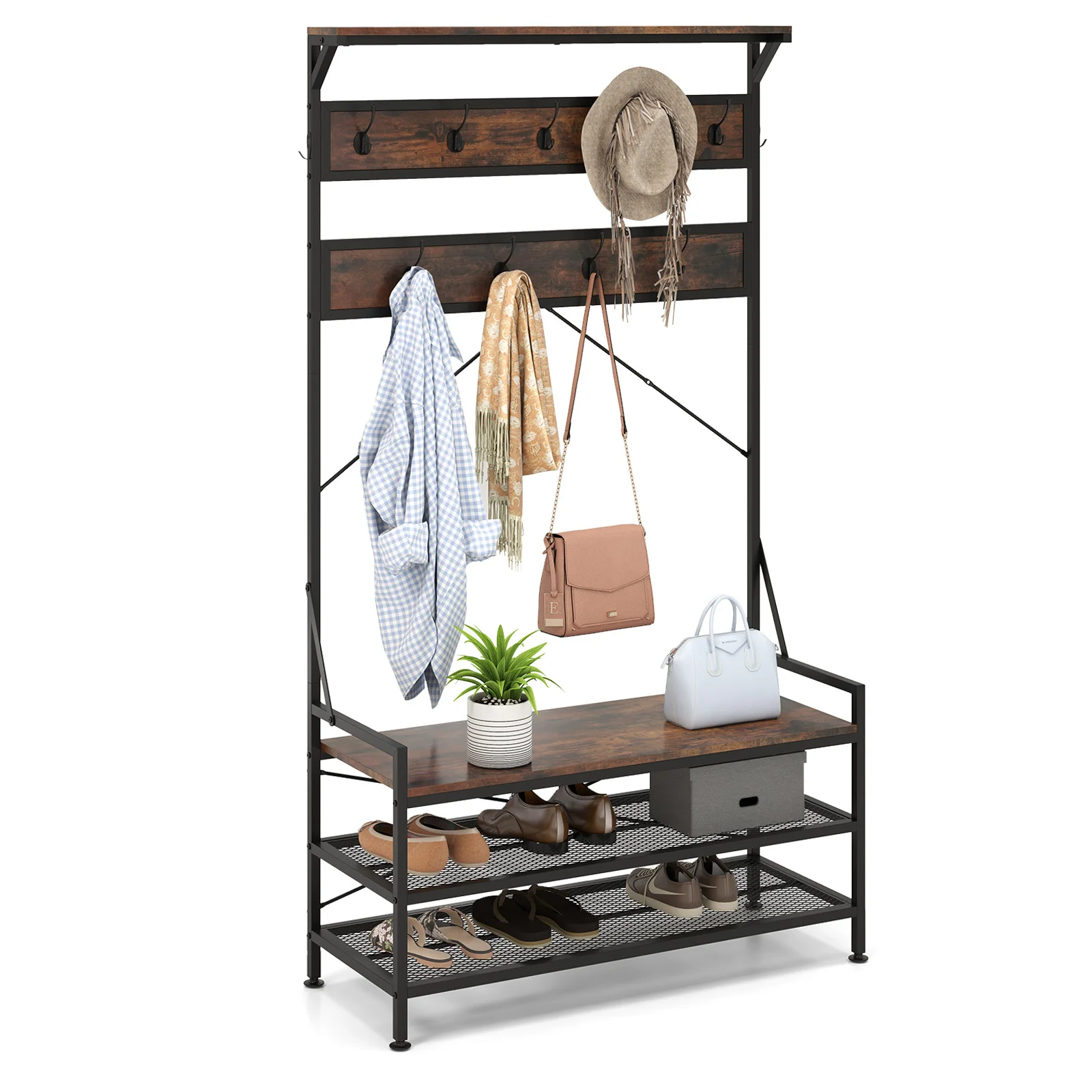 

Coat Rack 4-In-1 Hall Tree with 11 Hanging Hooks, Shoe Bench, 2-Tier Shoe Rack