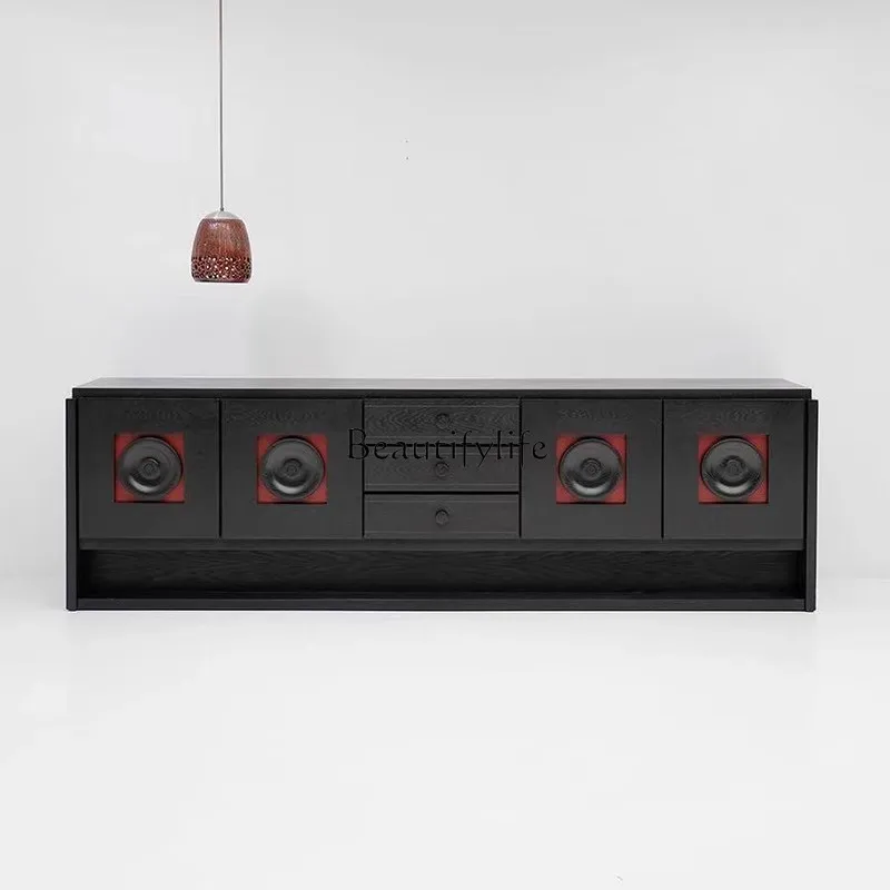 

French retro solid wood TV cabinet medium antique black decorative locker