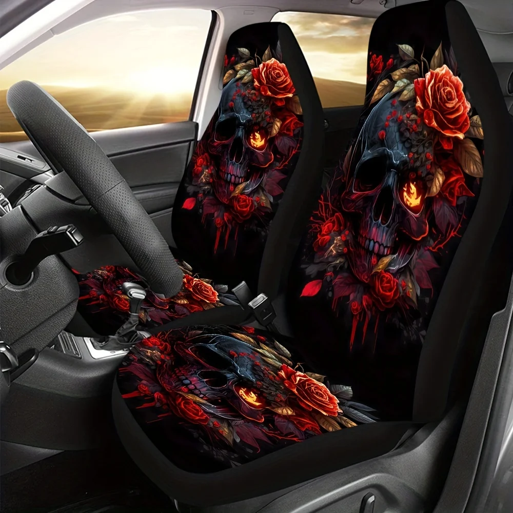 Skull Rose Printed Car Seat Cover Front Seats Bucket Seat Protector Car Seat Cushions for Car SUV Truck or Van for Women Men