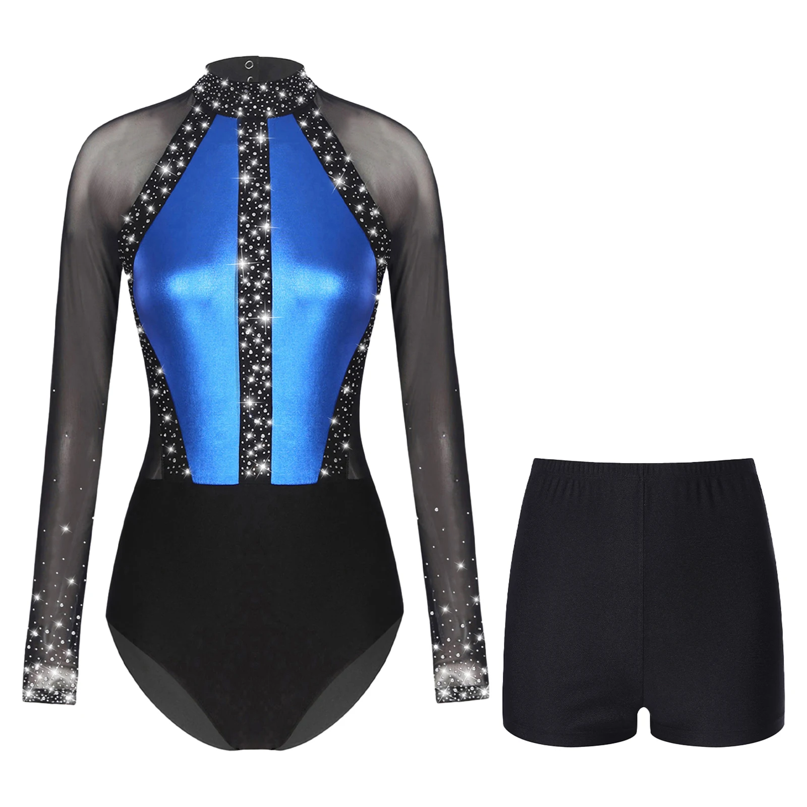 Womens Mesh Long Sleeve Gymnastics Bodysuit Rhinestones Ballet Dance Leotard Color Block Skating Jumpsuit Shorts Dancewear Sets