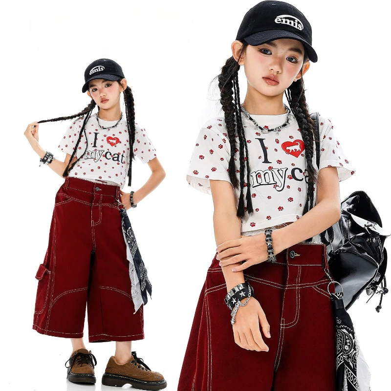 

Summer Girls Crop Print T-Shirt Baggy Shorts Sets Fashion Hip Hop Outfits Modern Jazz Dance Costume Group Kpop Performance Wear