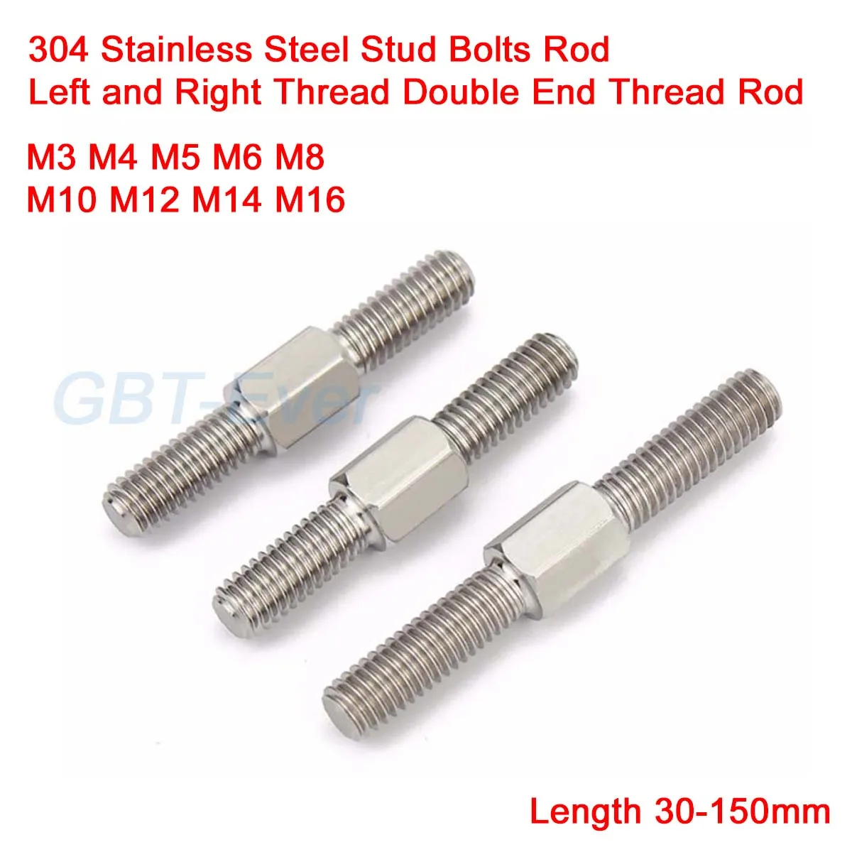 M3 M4 M5 M6 M8 M10 M12 M14 M16 Left and Right Thread Double End Thread Rod 304 Stainless Steel Stud Bolts Rod Length 30-150mm