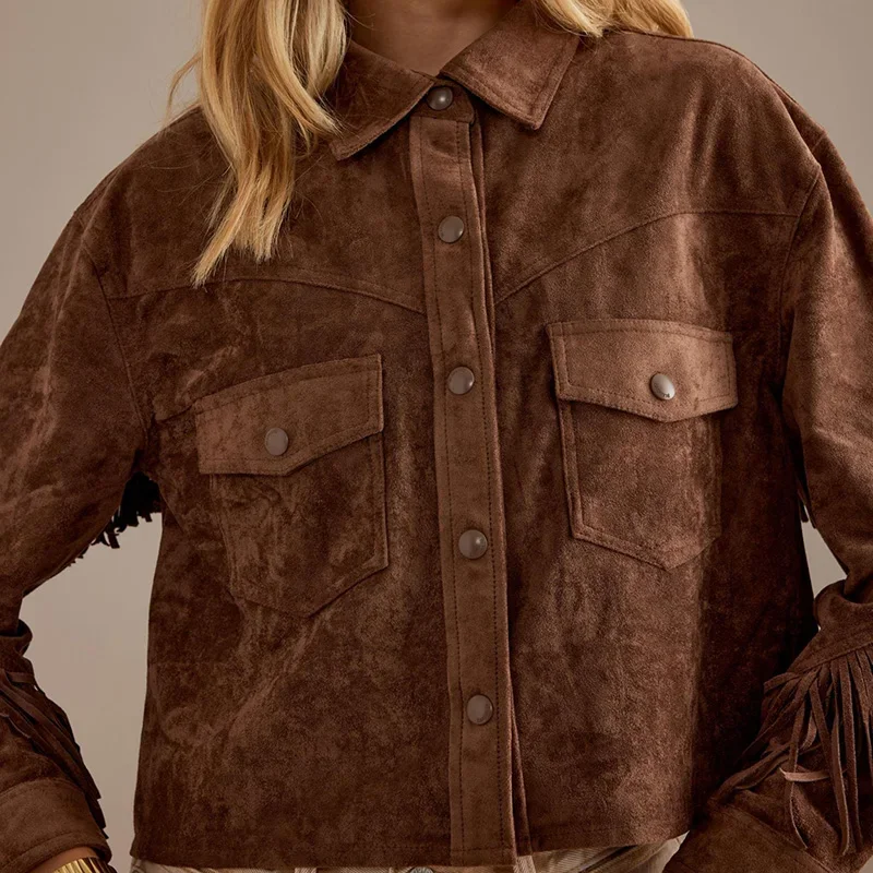 

Women's Outerwear Chic Tassel Edged Short Jacket Retro Lapel Long Sleeve Single Breasted Pocket Coat Autumn High Street Fashion