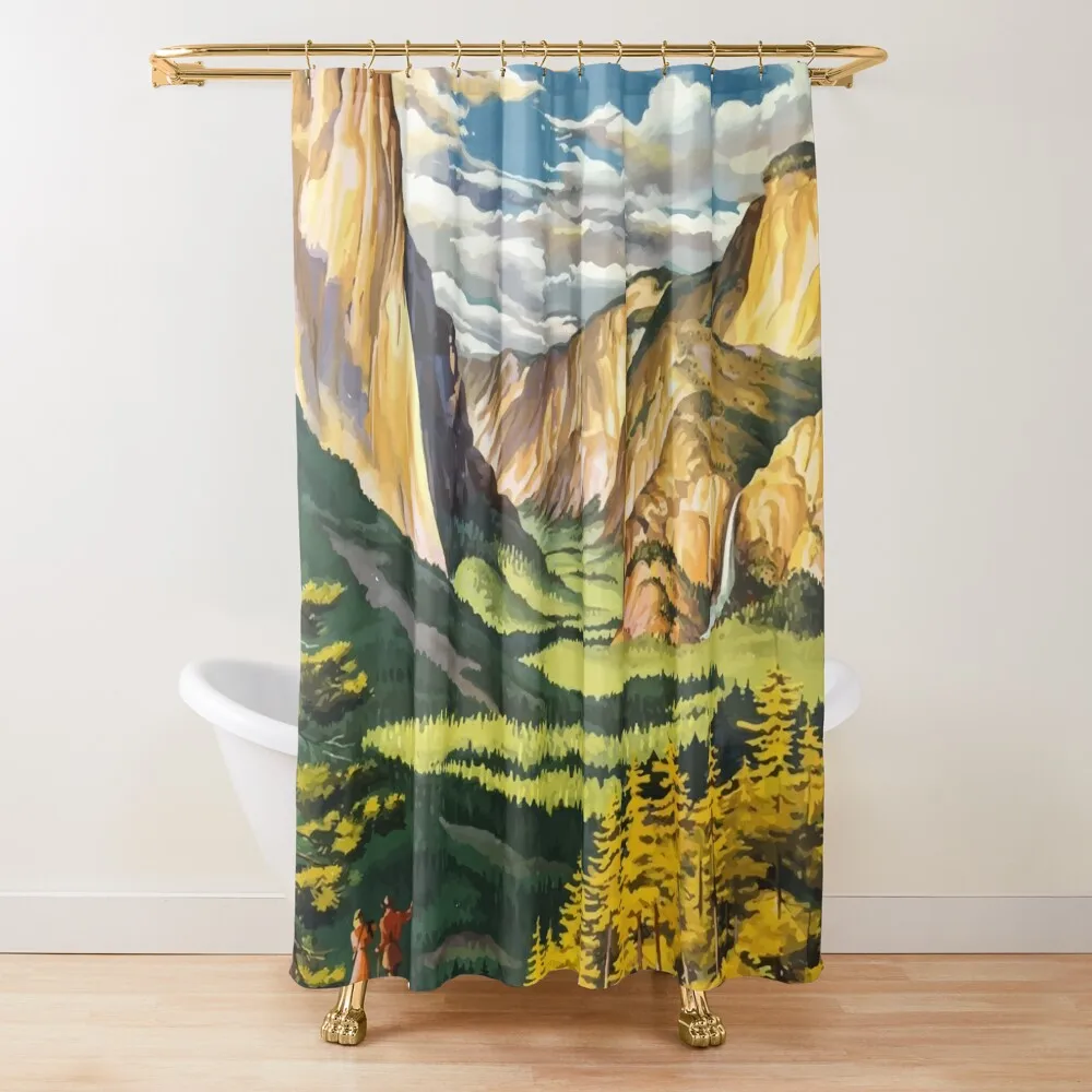 

Vintage Travel Poster Yosemite National Park Shower Curtain Bathroom And Shower Products Anti-Mold Waterproof Shower Curtain
