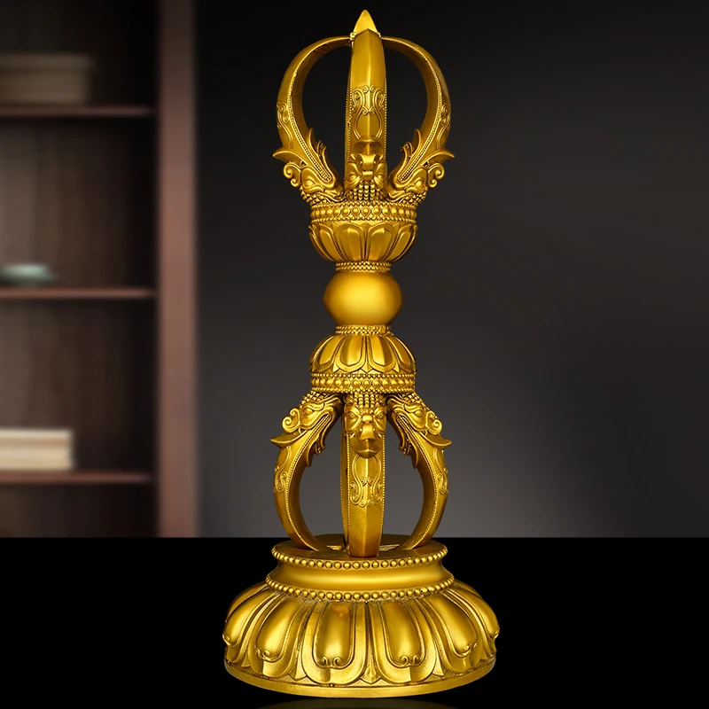 Solid Brass Vajra Scepter with Base Five-Pronged Vajra Scepter Desktop Home Living Decor