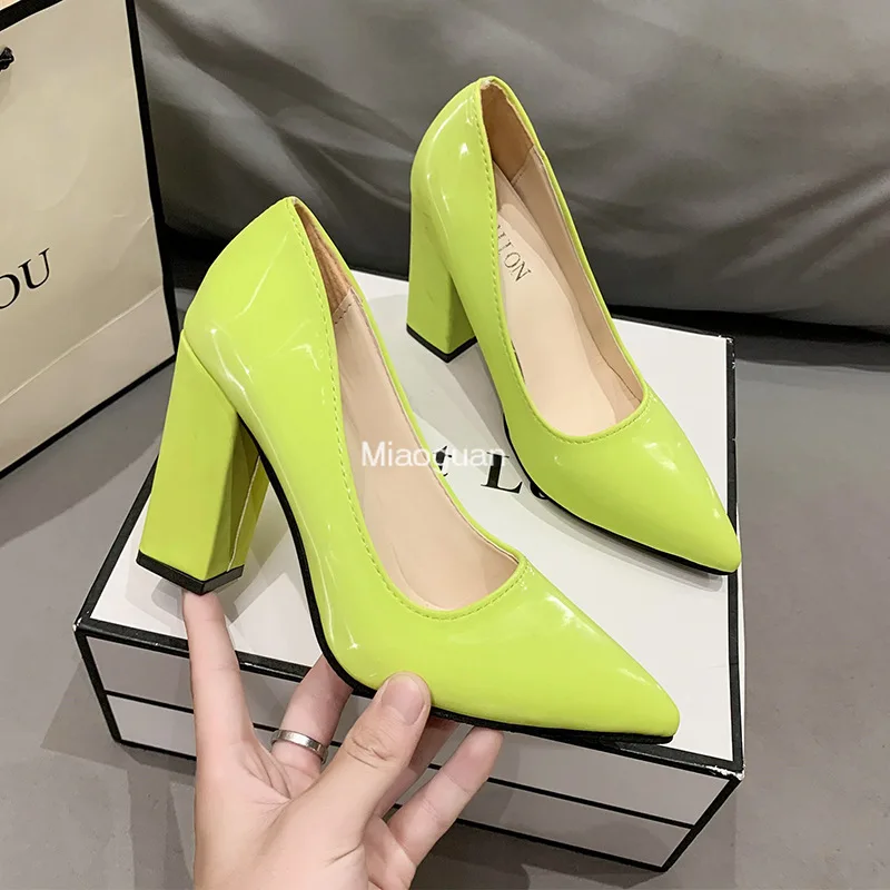 New Dark Green Patent Leather PU Woman Pumps 10cm Square Heels Sexy Party Pointed Toe Luxury Women\'s Shoes Super Big Size 35-43