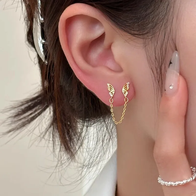 Модные серебряные полые серьги-гвоздики с бабочками для женщин и девочек, простые серьги-цепочки с двойным отверстием для ушей, ювелирные изделия, подарок