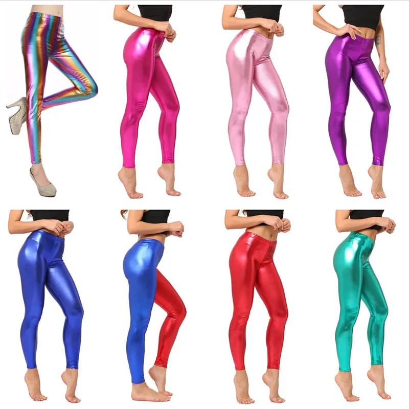 

New Stage Performance Slimming Faux Leather Nine-Tenths Pants Candy Color Nightclub Queen Gold Stamp Base Layer Trousers