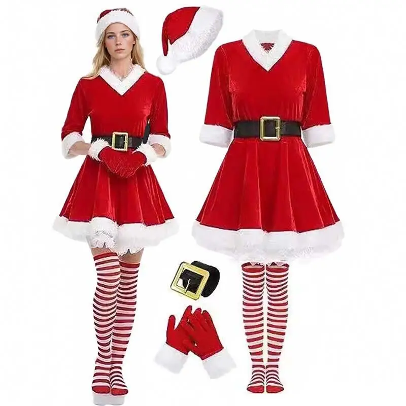 

5PCS Santa Claus Costume for Women Clause Santa Dress Christmas Outfits Dresses Hat Gloves Belt Stockings for Xmas New Year