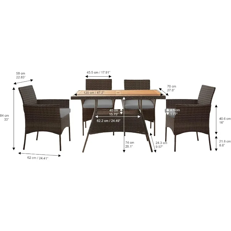 Home Outdoor PE Rattan Dining Set for Four, Removable Water-Resistant Cushions, Acadia Wood-Slated Table Top for Patios