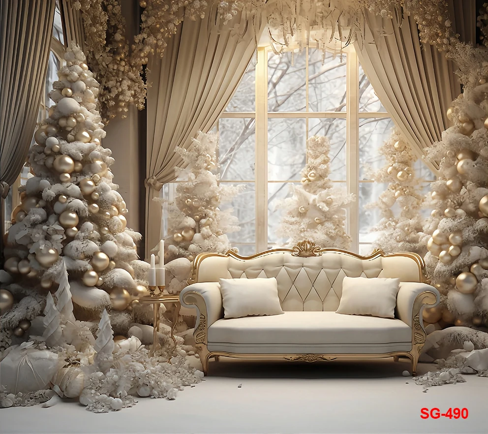 Sofa dalam ruangan, untuk Fotografi Latar Belakang musim dingin pohon Natal Vintage jendela dalam ruangan anak-anak keluarga pesta potret dekorasi latar belakang