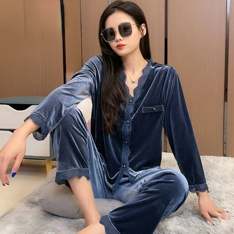 Top Grade  Velvet Pajamas  Lady  Autumn and Winter  Long Sleeved  Button  Sexy  Lapel Collar  Home Clothing Set  New Doll Collar