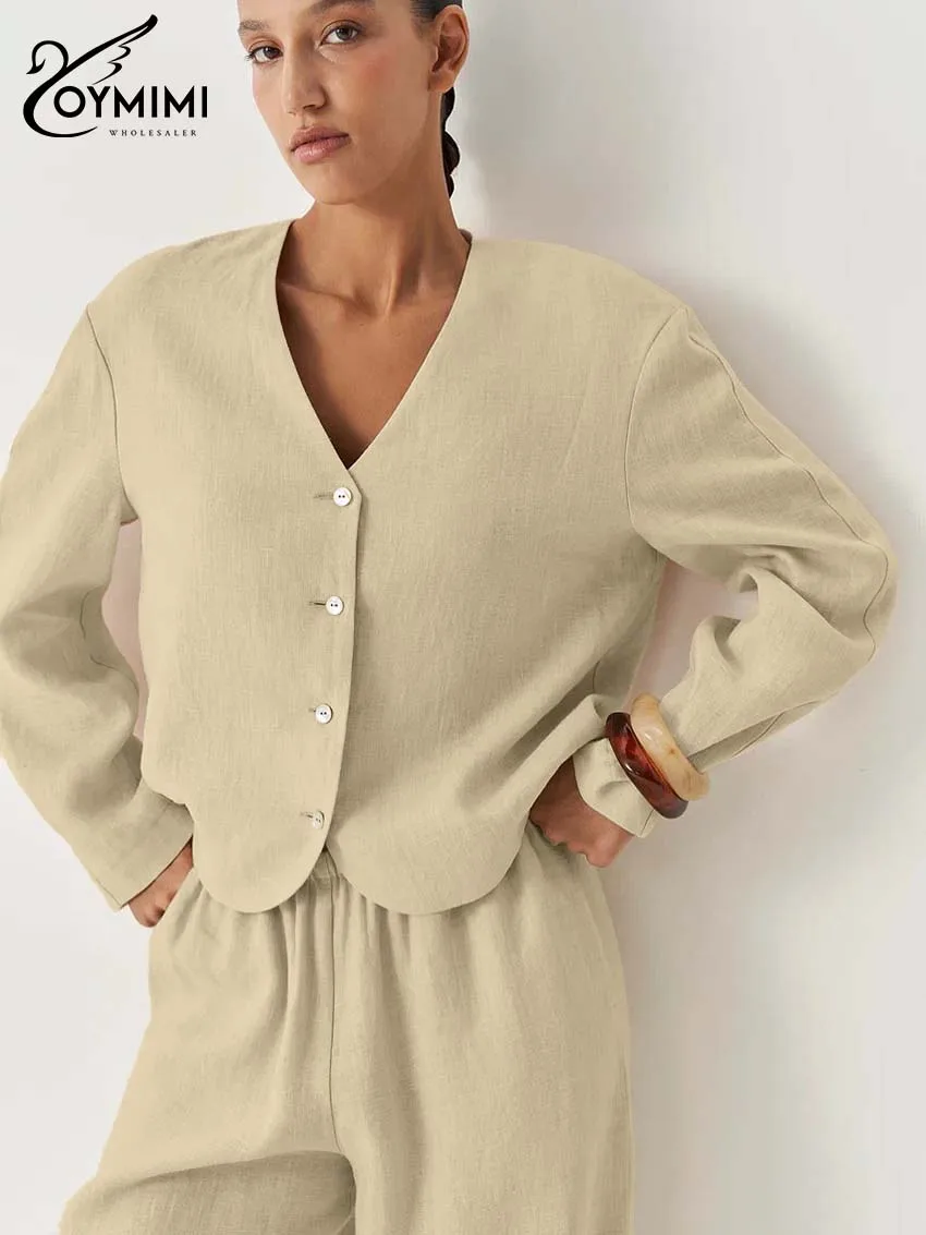 Oymimi 캐주얼 카키 코튼 투피스 세트 여성 패션 브이넥 긴 소매 버튼 셔츠와 심플한 포켓 스트레이트 바지 세트