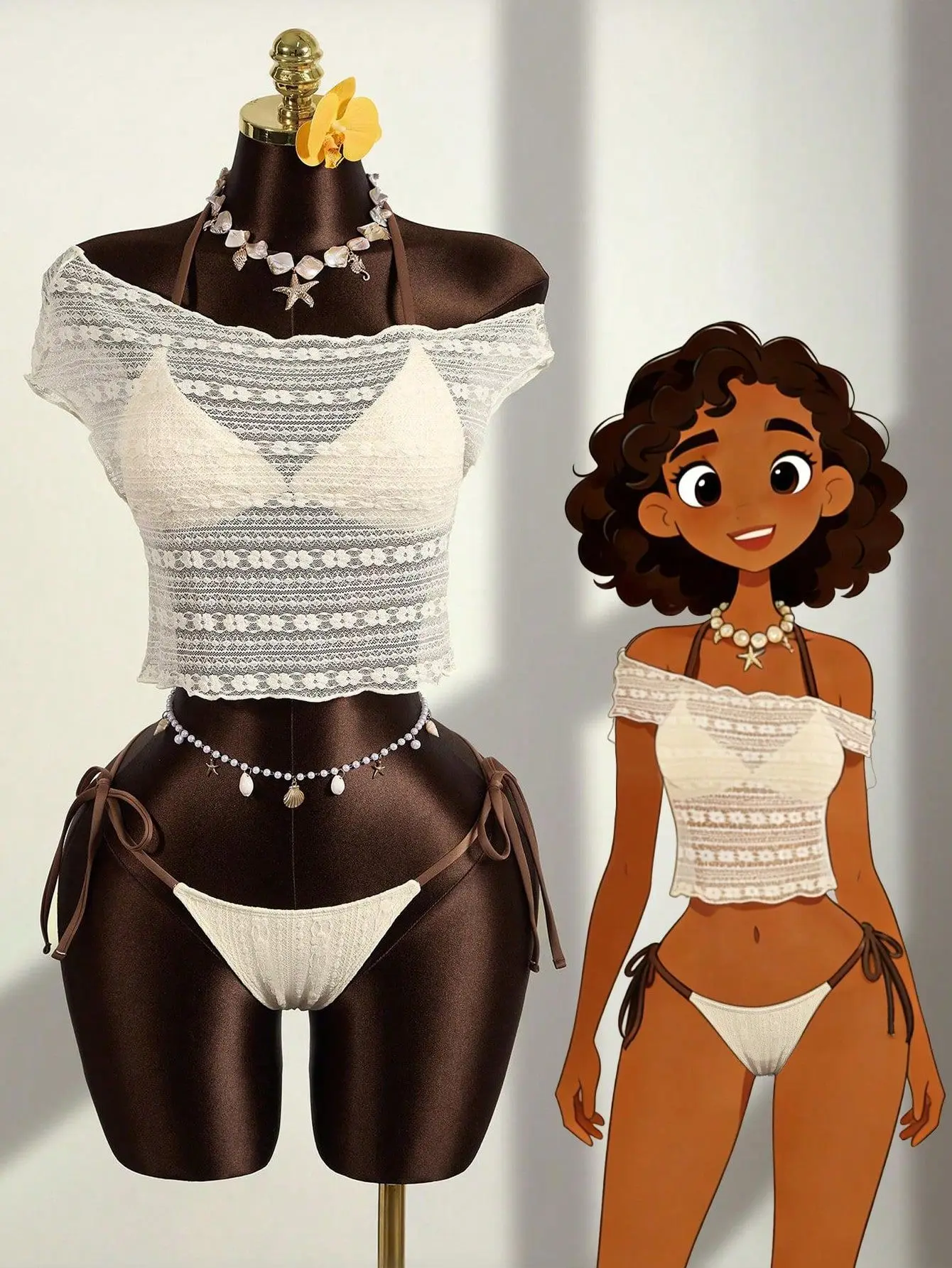 2026 Vintage Lace Off Shoulder Tie Side Two Piece Bikini Set Women Push Up Tummy Control Swimsuit Swimwear Beach Vacation Summer
