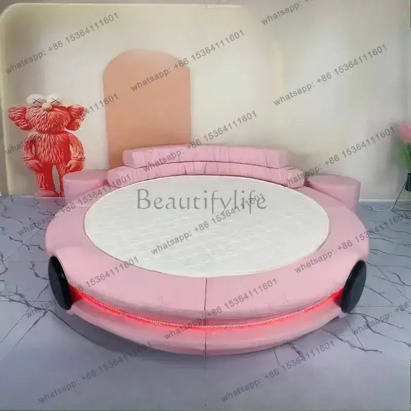 LSLuxury Normal Double Bed Decoration Couples Items Metal Floating Double Bed Circle Style Cama Matrimonial Furniture For Home