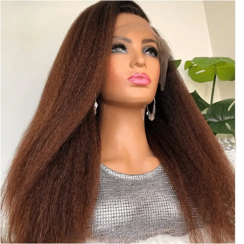 Yaki Natural Brown Blonde Glueless Long Kinky Straight Lace Front Wig For Women With Baby Hair Synthetic Preplucked Daily Wig