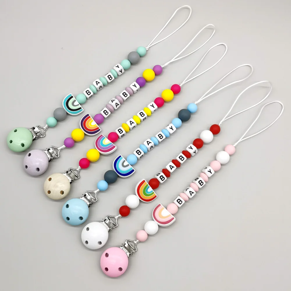 Custom Name Handmade Personalize Dummy Clips Pacifier Clips Holder Baby Silicone Rainbow Pacifier Holder Chain Baby Teether Gift