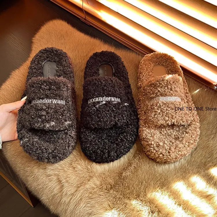 

Wholesale Women's Suede Slippers Fur Flip Flops Women Slippers Flat Bottom Plush Hawaiian Rubber Roman Fabric Basic Fur Shoes