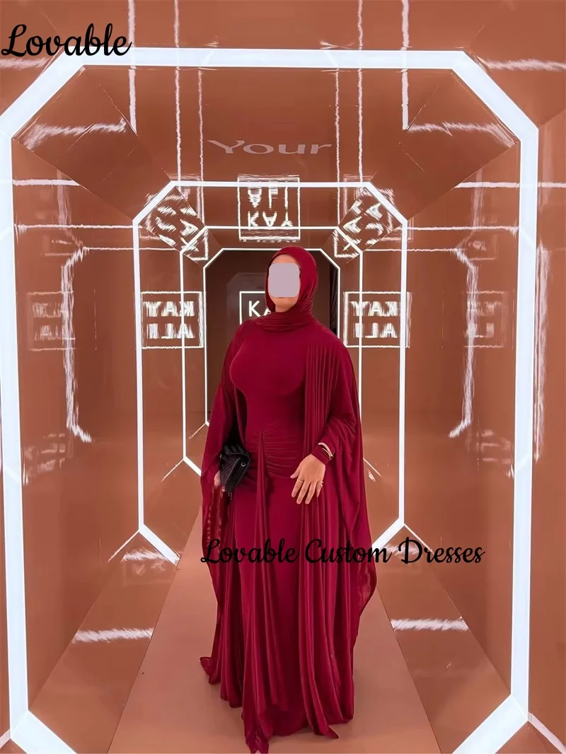 Sukienka wieczorowa na zamówienie, czerwona, kolumnowa, z długimi rękawami, dekolt okrągły, sukienka na przyjęcie weselne, długa do podłogi, z falbanami, zapinana na zamek, sukienki formalne.