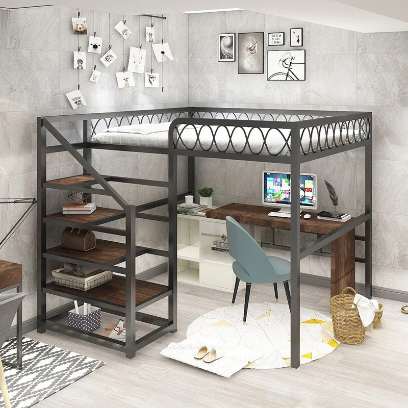 

Черная приподнятая кровать из кованого железа, домашняя спальня, экономия места, кровать с железным каркасом, студенческое общежитие, верхняя и нижняя двуспальная кровать