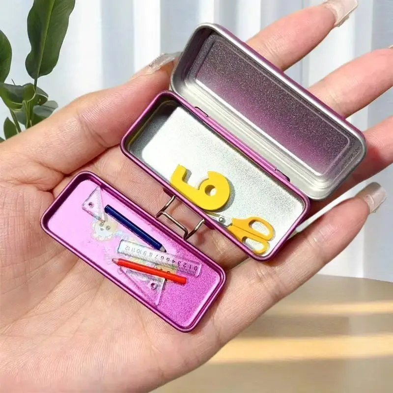 Dollhouse Miniature Double Layer Iron Pencil Box Pen Ruler Measuring Tape Scissors Model Micro Landscape Decor Pretend Play Toy