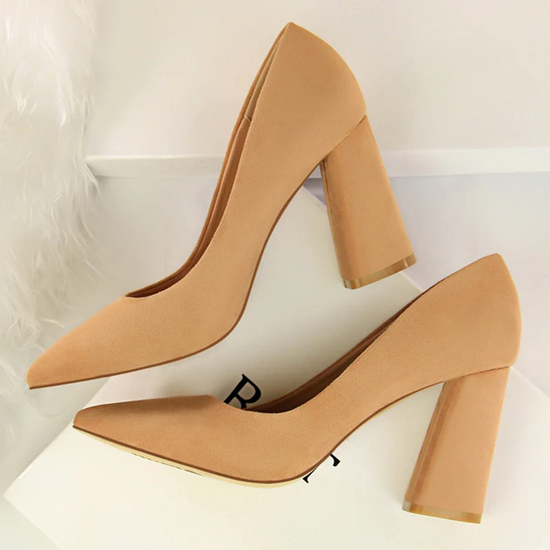 Summer Women 8.5cm High Heels Pumps Escarpins Elegant Sweet Lady Wedding Block Square Middle Heels Flock Suede Nightclub Shoes