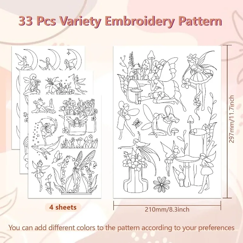 4 pcs Water Soluble Embroidery Patterns for Beginners 4 Sheets with 33pcs Flower Fairy Patterns Charming Flower Fairy Wash Away