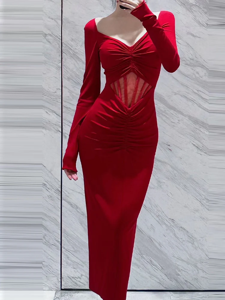 Luxury solid color party party long dress 2024 women's autumn new fashion V-neck long-sleeved gauze perspective slim hip dress