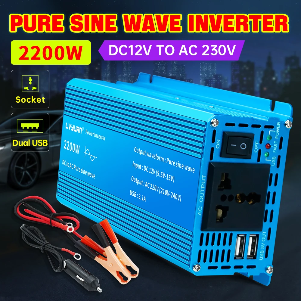 Pure Sine Wave Inverter DC 12V to AC 220V 230V 1000W/1500W/2200W Voltage Transfer Converter Universal EU Socket Auto Accessories