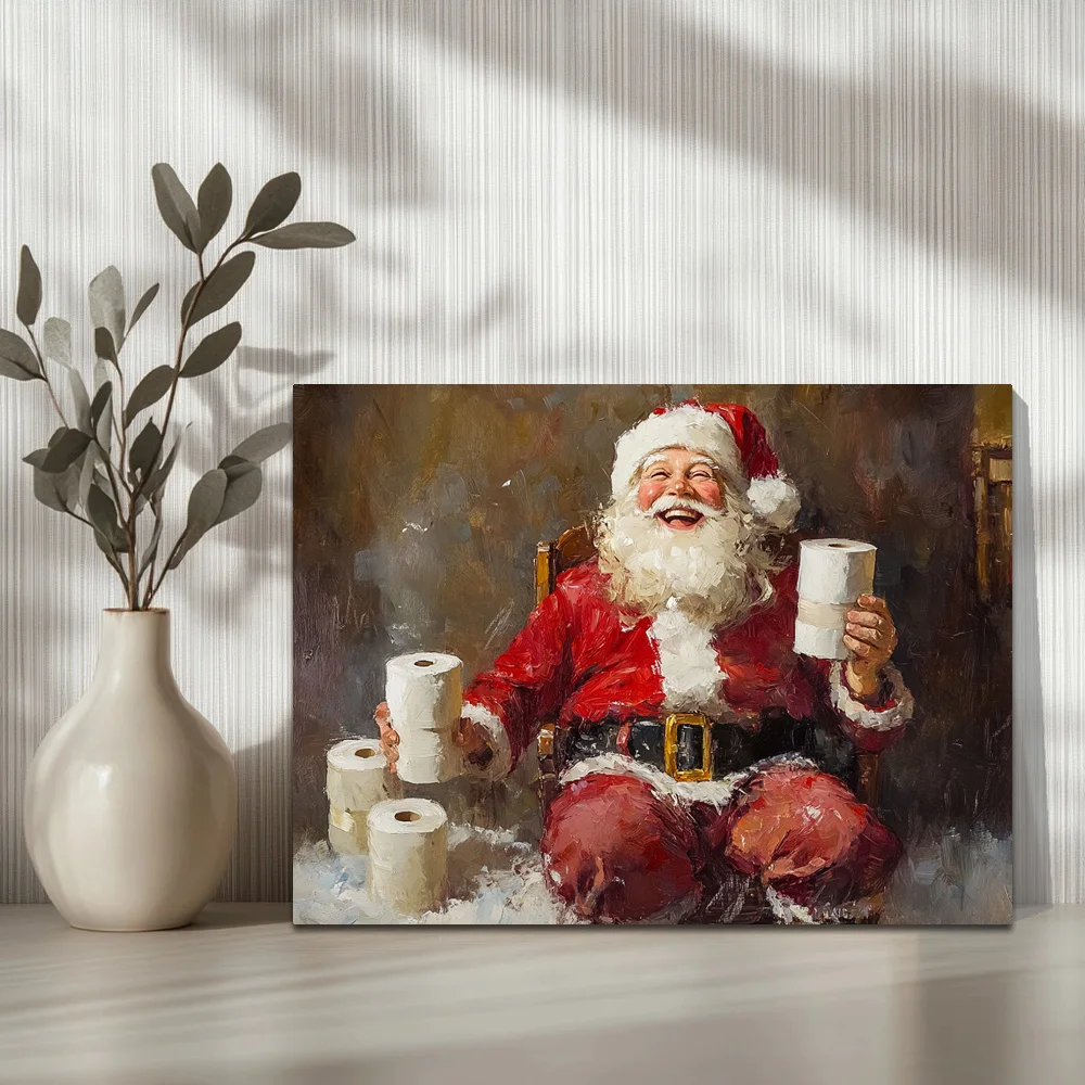 1pc,Santa Claus Sat There, Holding A Few Rolls Of Toilet Paper And Smiling Happily B, Modern Canvas Wall Art,  Framed, 16x12inch