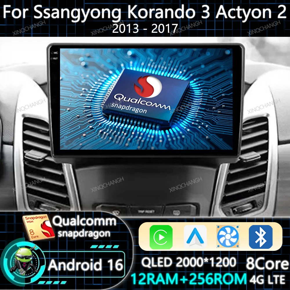 Android 16 Car Radio Carplay Auto For Ssangyong Korando 3 Actyon 2 2013 - 2017 BT GPS Head Unit Qualcomm Multimedia Video Player