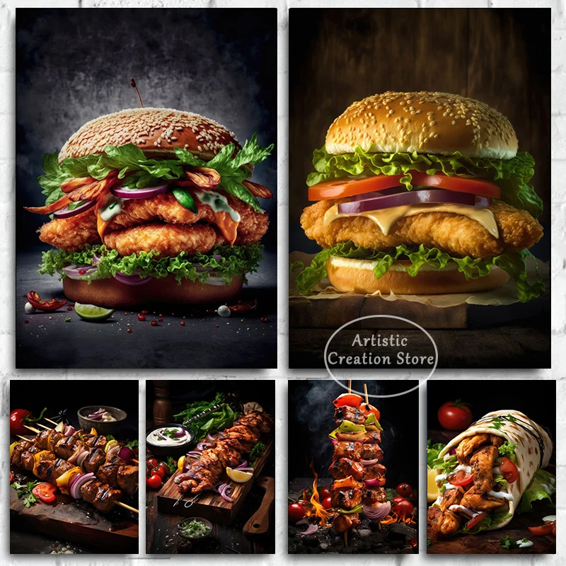 Huhn Kebab Sandwich Burger Pommes Frites leckeres Essen Poster Leinwand Malerei Wandbilder Wohnzimmer Kunst Wohnkultur Geschenke