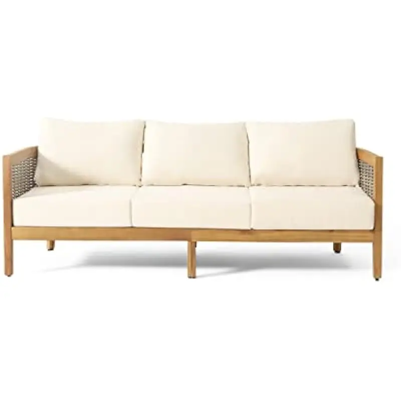 Three-seat outdoor sofa with acacia frame, round polyethylene wicker accents, open-slat backrest, water-resistant beige-brown-te