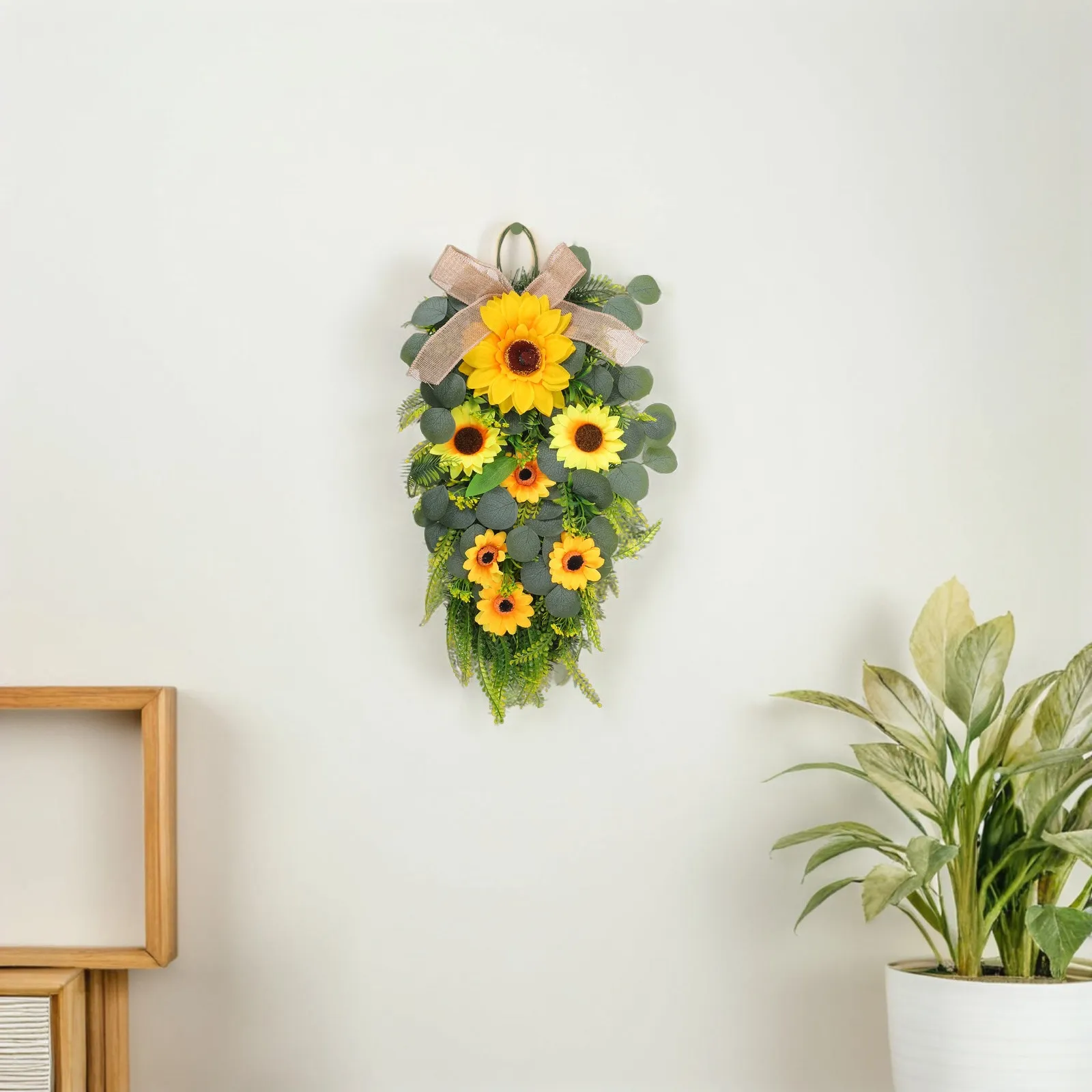 

24 Inch Sunflower Teardrop Swag Wreath Weatherproof Fade Resistant Artificial Spring Wreath for Front Door Window Balcony Garden