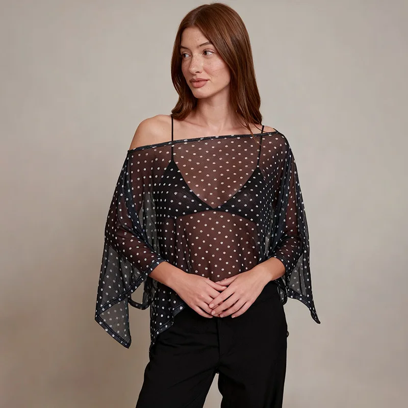 セクシーなオフショルダーイレギュラートップス、斜め襟、フルスリーブ、ポリエステル製レディースTシャツ、ストレートカット、薄手生地、中国製...