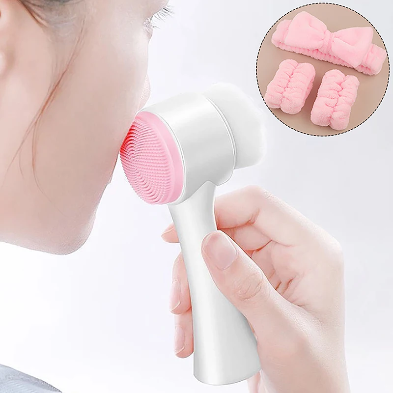 3D Sides Silicone Double Sided Facial Cleanser Brush Blackhead Removal Product Pore Cleaning Exfoliator Face Scrub Brush Set