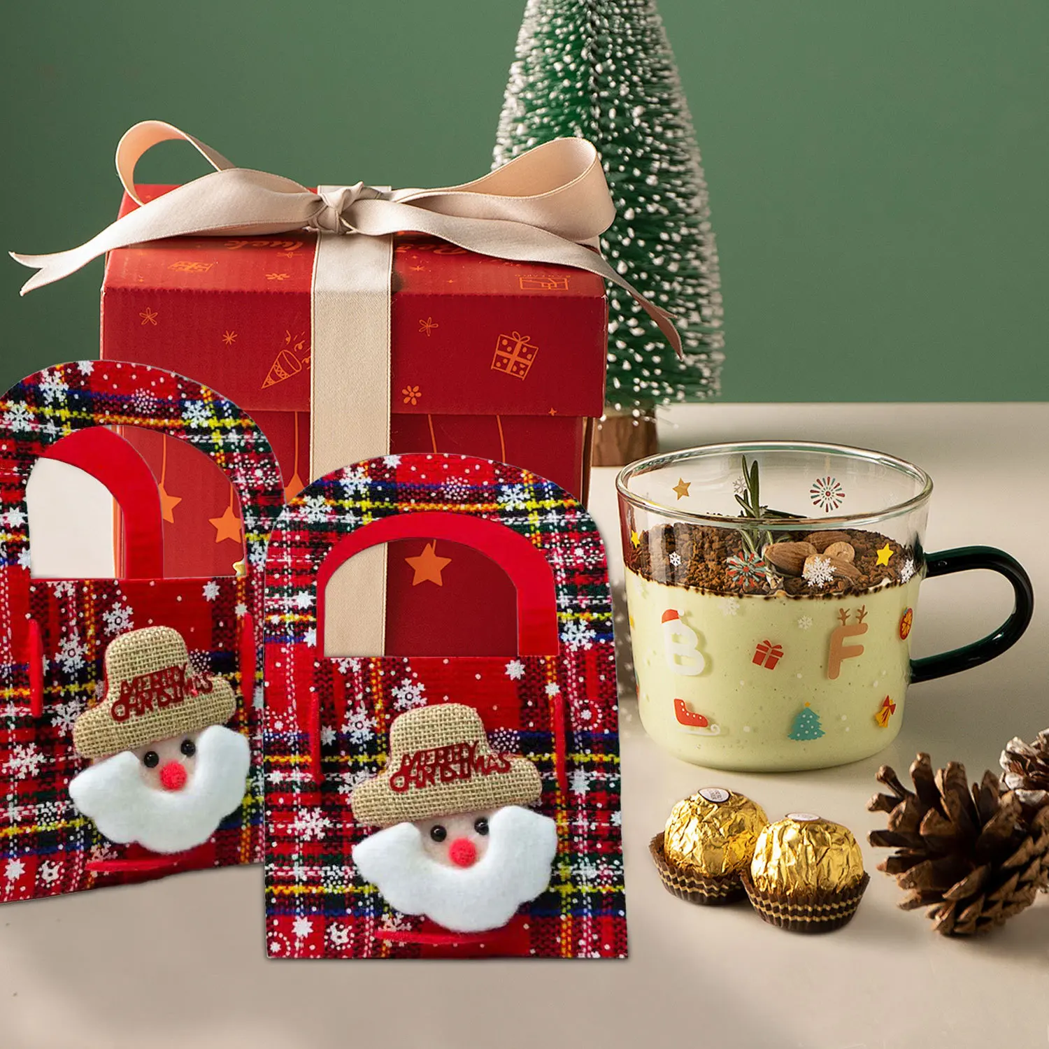 

6PCS Christmas Plaid Felt Gift Bags with Handles Reusable Santa Claus Design Storage Containers for Candy And Gift Wrapping