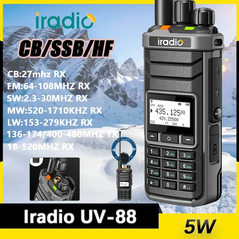 

Iradio UV 88 Walkie Talkie Shortwave 2,3-30 МГц UV88 Двусторонняя радиостанция Многодиапазонная FM CB SW LW Type-C зарядка NOAA 1024CH Same RT-860