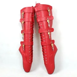 18cm Strange Heelless Women Ballet Boots,Fetish Knee High Booties,Men Cosplay Shoes,Locks Straps Long Botas,Custom Colors,Red