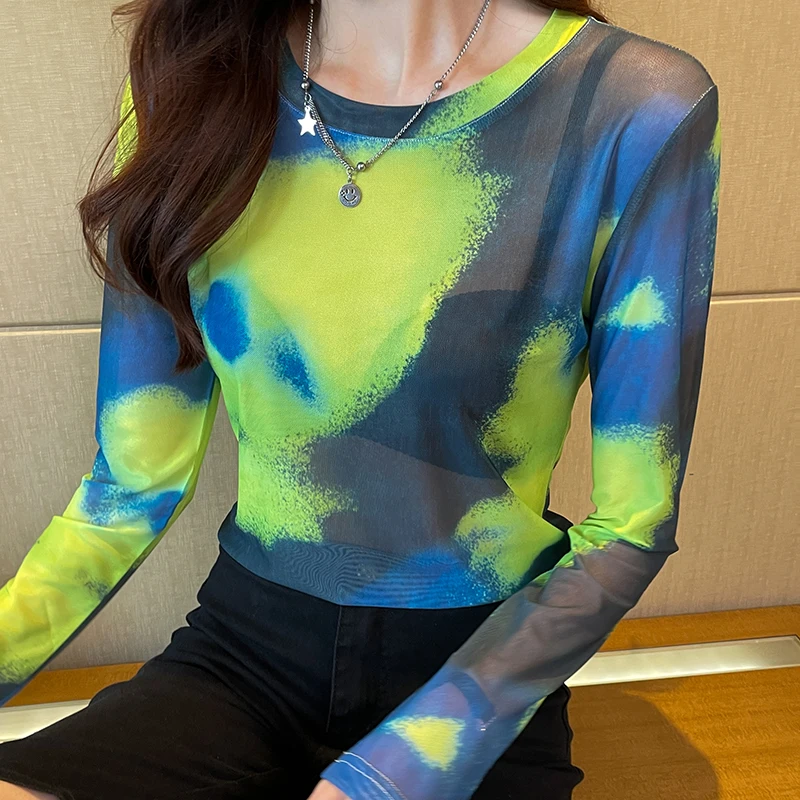 

2026 New Design Women's T-shirts Semi-Transparent Long sleeved O Neck Stretch Single Layer Mesh T Shirt For Female