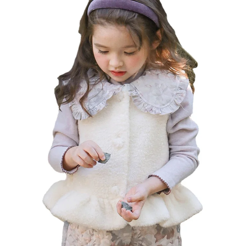 

Autumn Winter Baby Girls Wool Plus Velvet Waistcoat Girl Plush Vest Single Breasted Floral Print Child Fashion Warm Coat CC072