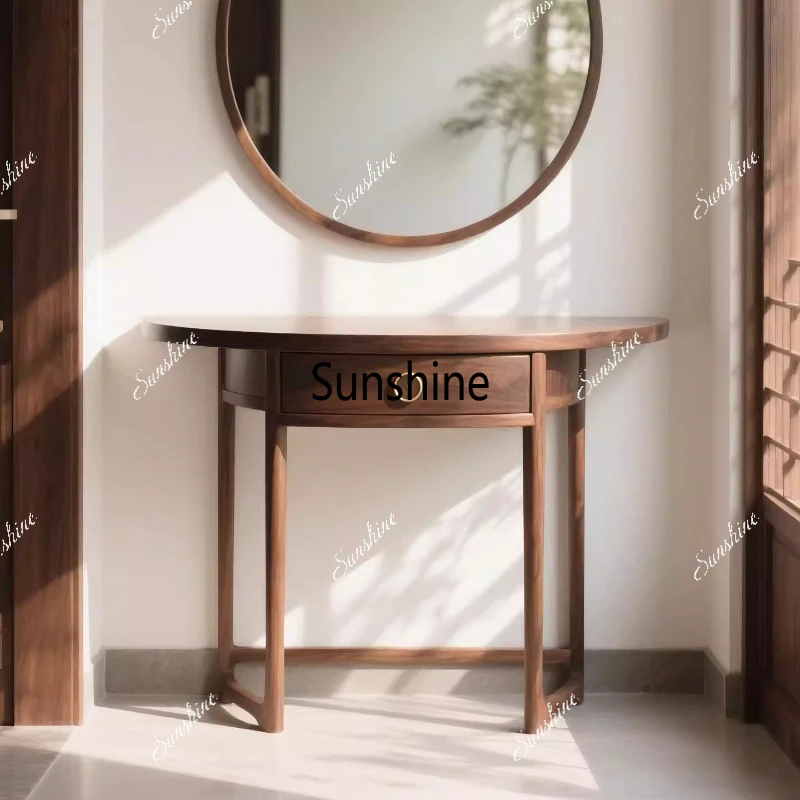 

New Chinese style, entrance, minimalist case, solid wood semi-round table against the wall