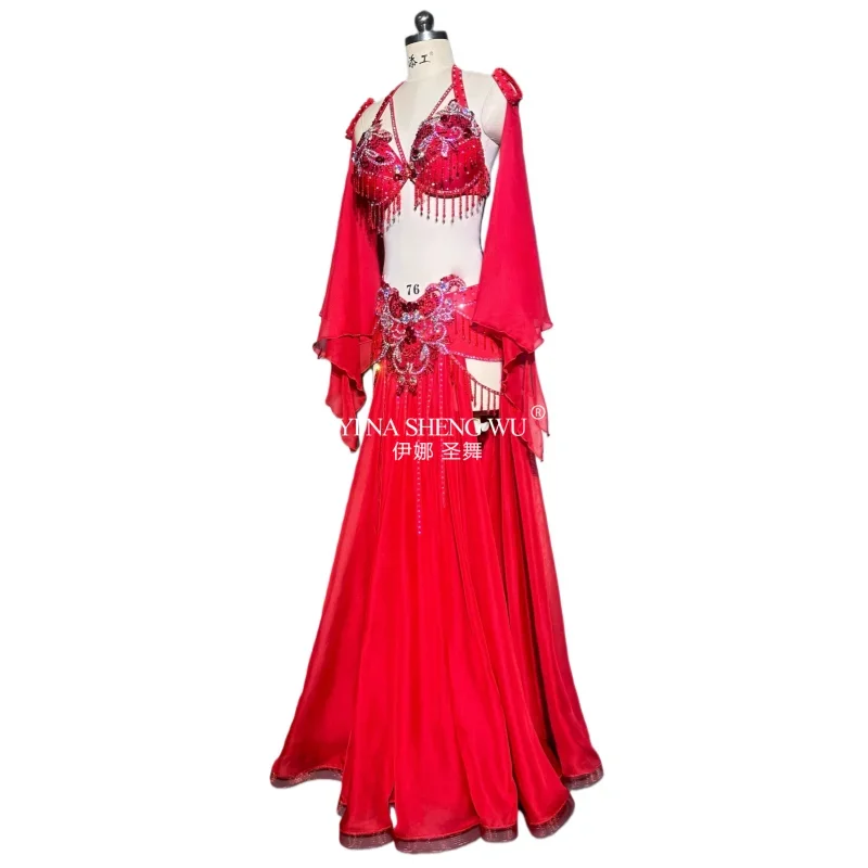 

Luxury Bellydance Costume 3pcs Set Customized Bra Hand Sleeves Chiffon Long Skirt Oriental Dance Professional Performance Women