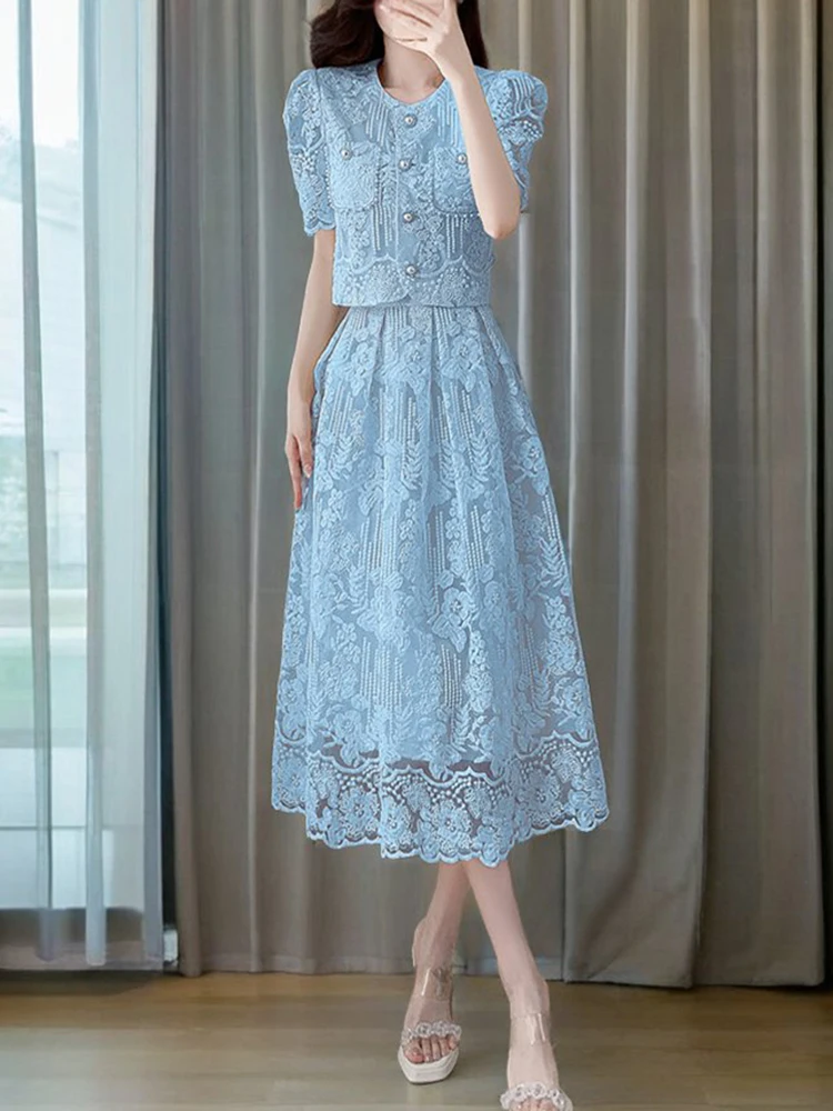 2024 Summer New Embroidery Lace 2-częściowy zestaw Szykowne damskie koraliki w kwiaty Jednorzędowy krótki top + A Line Midi Skirt Suits High Qu