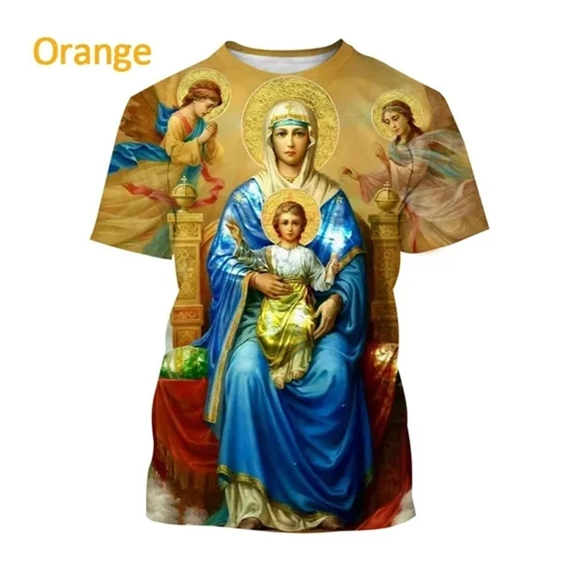 Virgin Mary 3D Printing T Shirt Summer Fashion Christian Mother Of God Pattern Short Sleeved Unisex Street Faith Casual T-Shirt