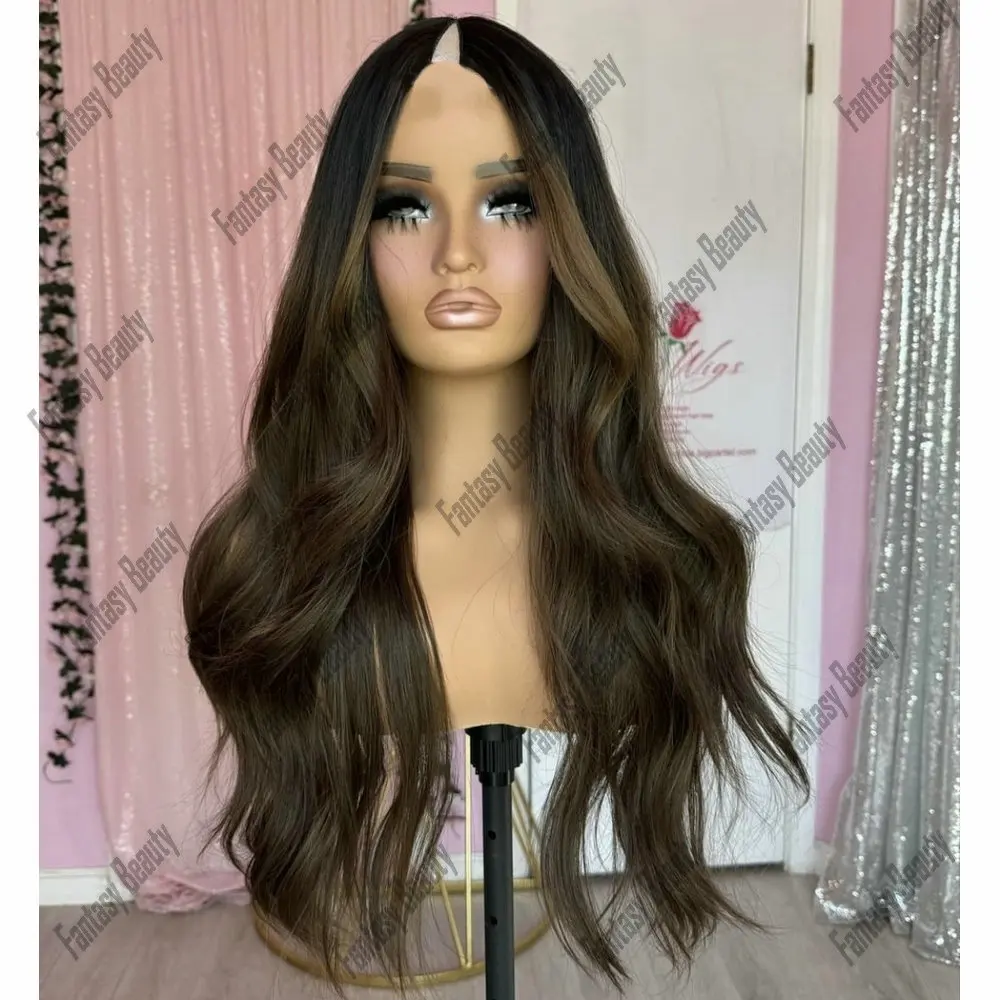 

Ombre Cool Brown 100% Remy Peruvian Human Hair V Part Wigs with Clips Slightly Curly 1x4 Size U Part Wig Human Hair Easy Wear